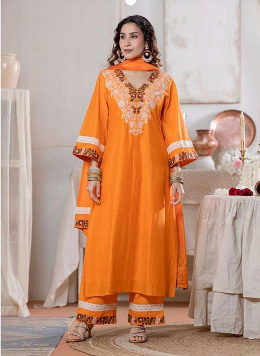 Orange Embroidered A-Line Kurta Set