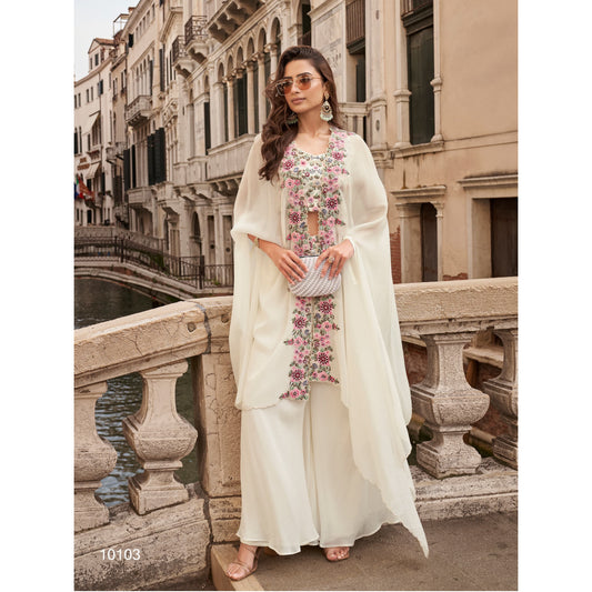 Premium Indo-Western Chinon Silk Palazzo Set with Embroidered Blouse & Shrug Dupatta