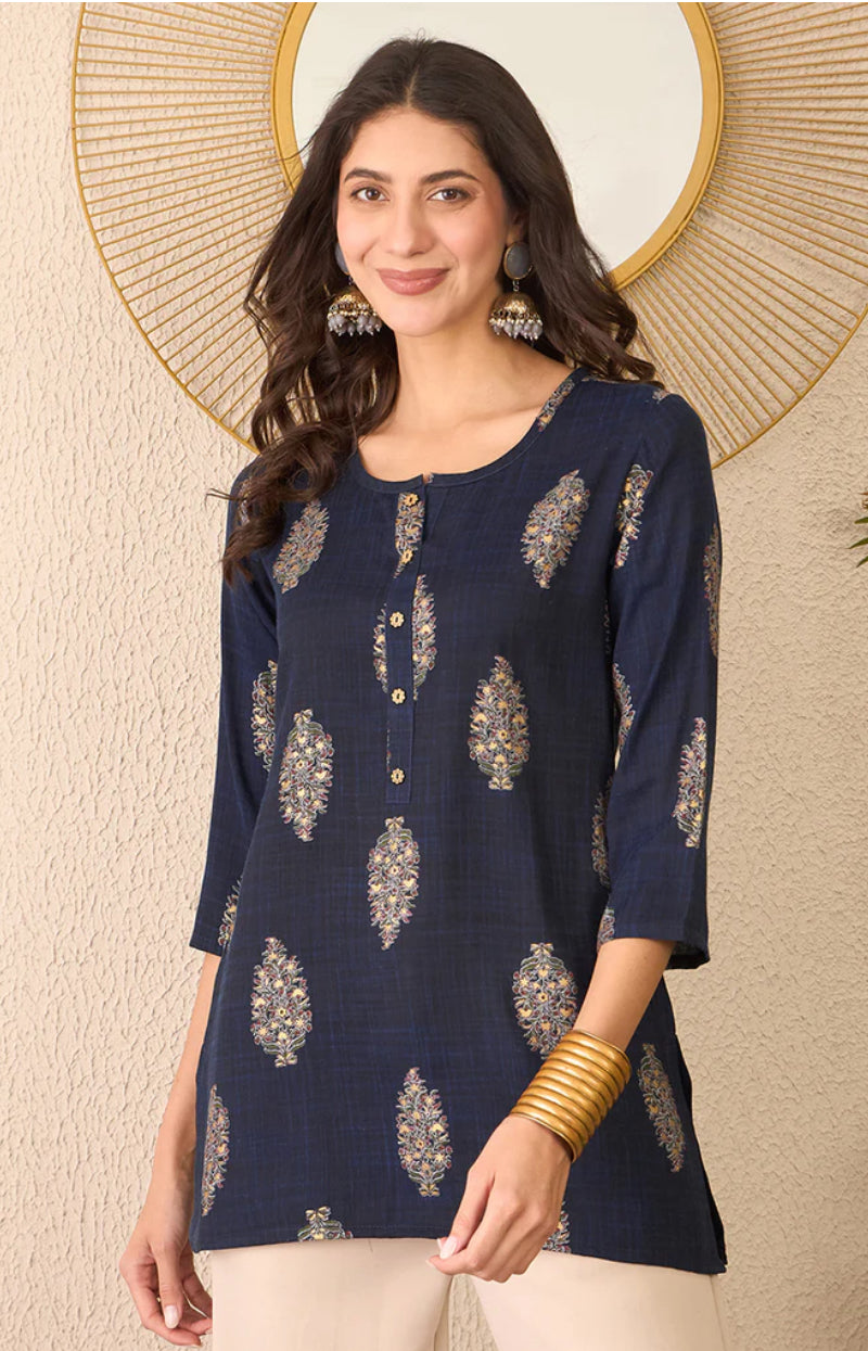 Navy Blue Cotton Blend Floral Printed Regular Top