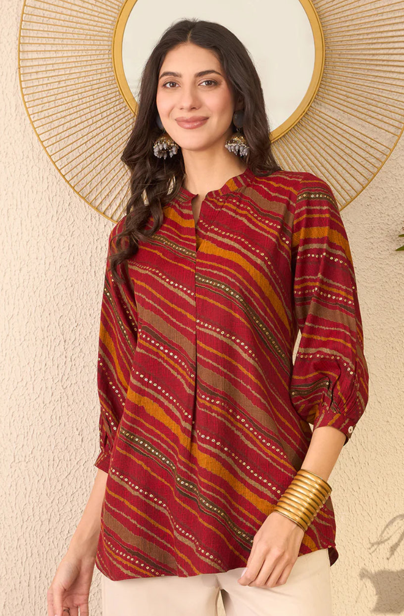 Red Cotton Blend Leheriya Printed Tunic Top