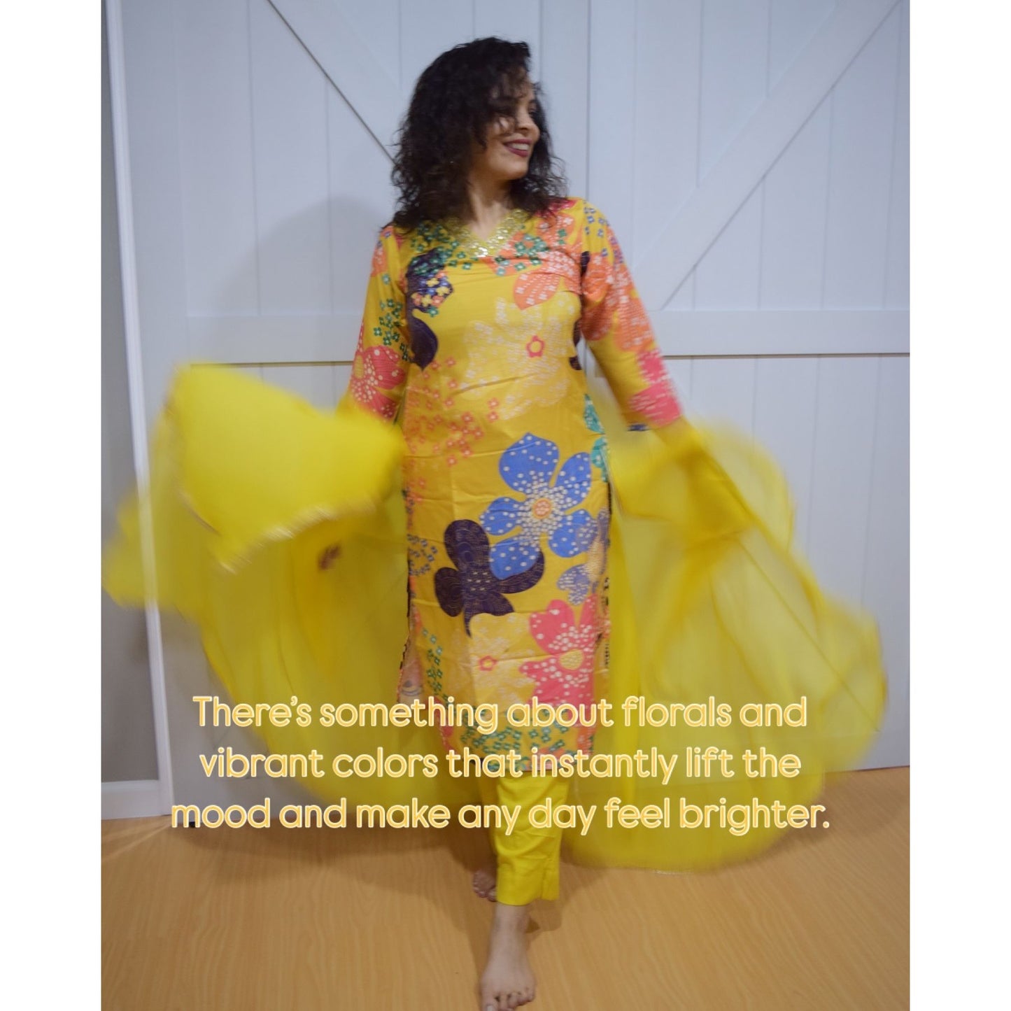 Yellow Floral Printed Rayon Blend Straight Suit Set