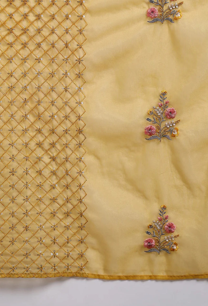 Yellow Silk Blend Floral Embroidered Straight Suit Set
