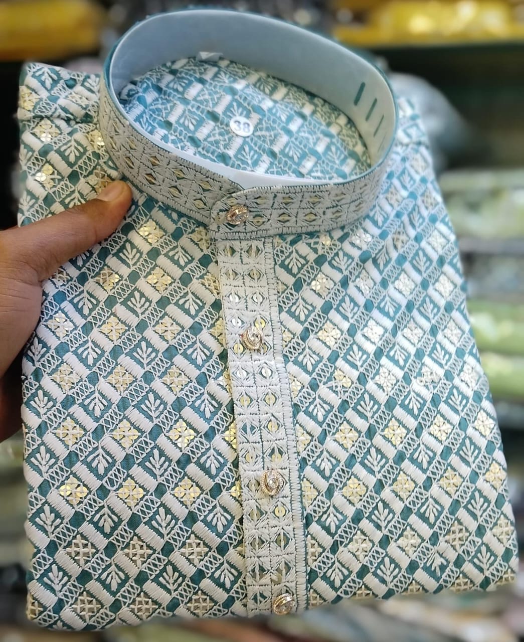 Men’s Chikankari / Sequin Work Kurta Set :Blue