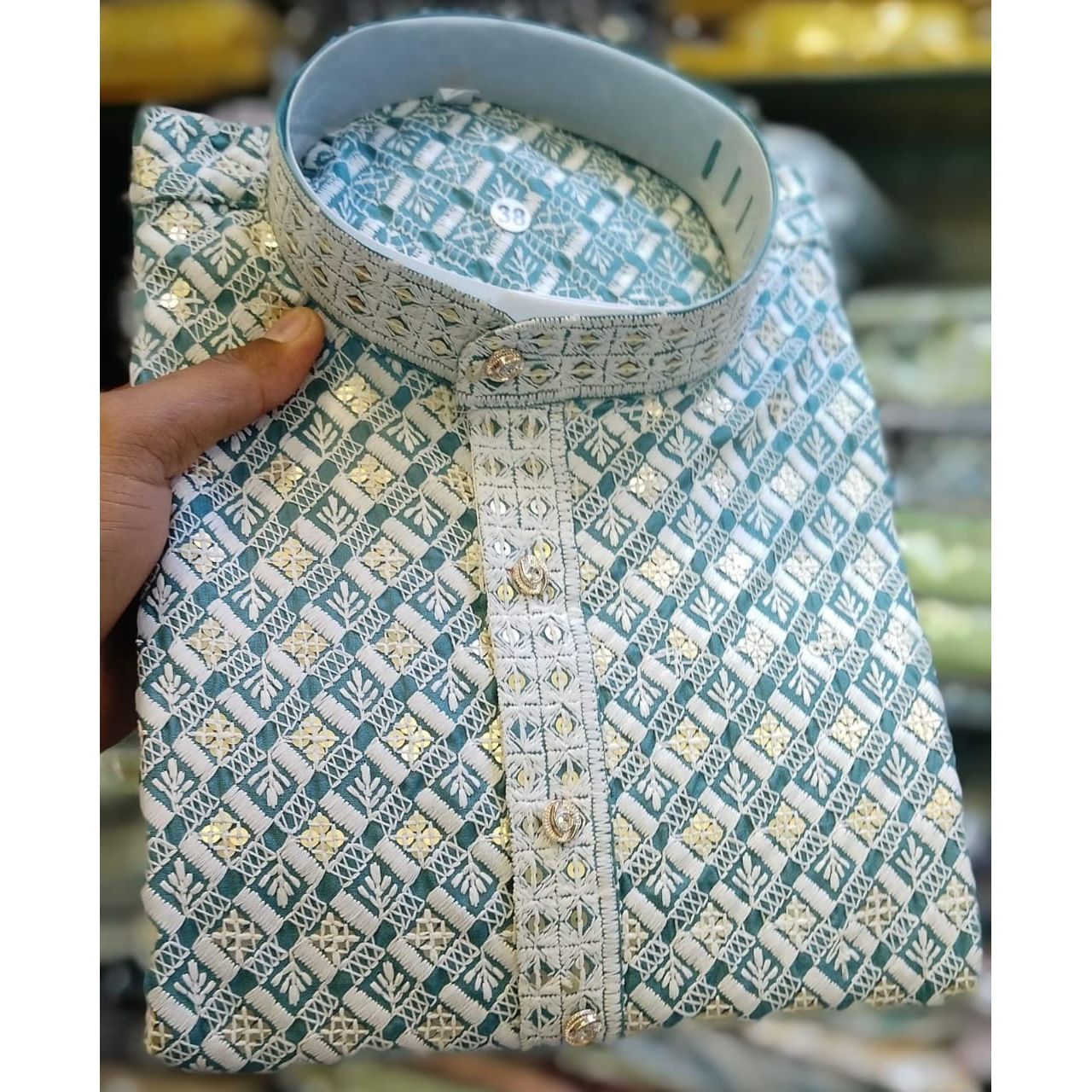 Men’s Chikankari / Sequin Work Kurta Set :Blue