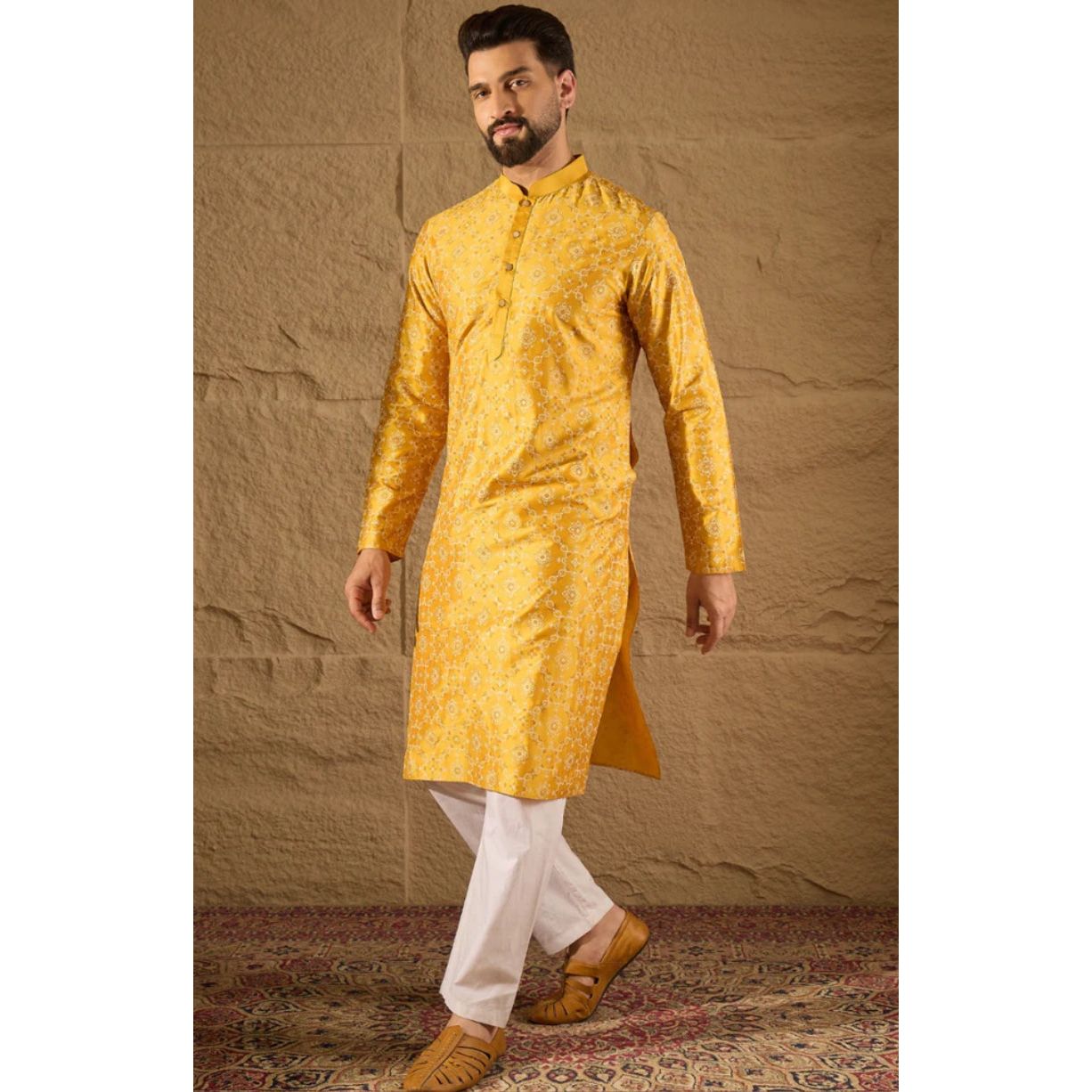 Yellow Silk Floral Printed Straight Kurta
