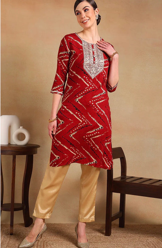 Red Viscose Rayon Chevron Printed Straight Kurta