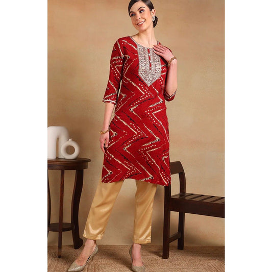 Red Viscose Rayon Chevron Printed Straight Kurta