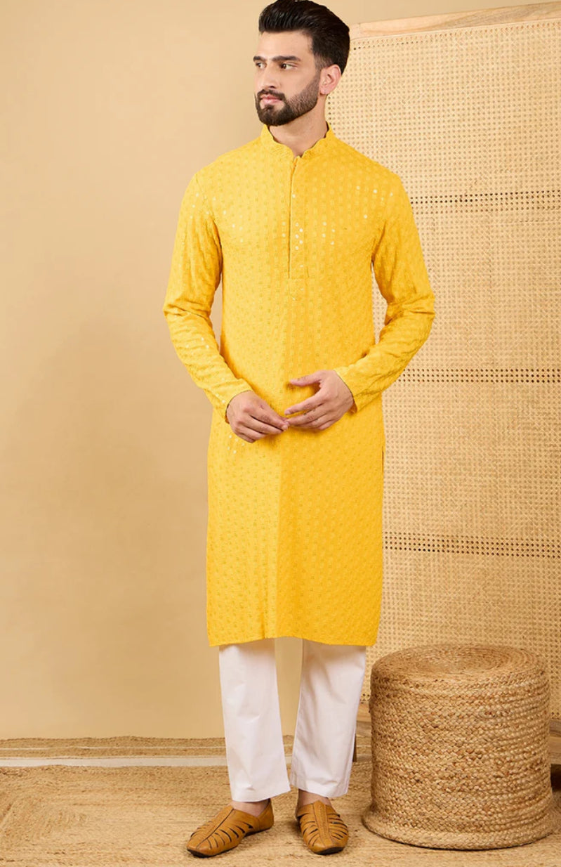 Yellow Embroidered Chikankari Kurta for Men