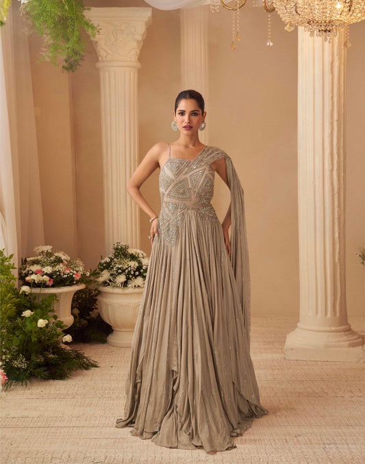 Premium Chinon Silk Embroidered Designer Gown with Can-Can ✨