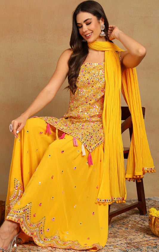 Yellow Georgette Solid Embroidered Straight Kurta Set