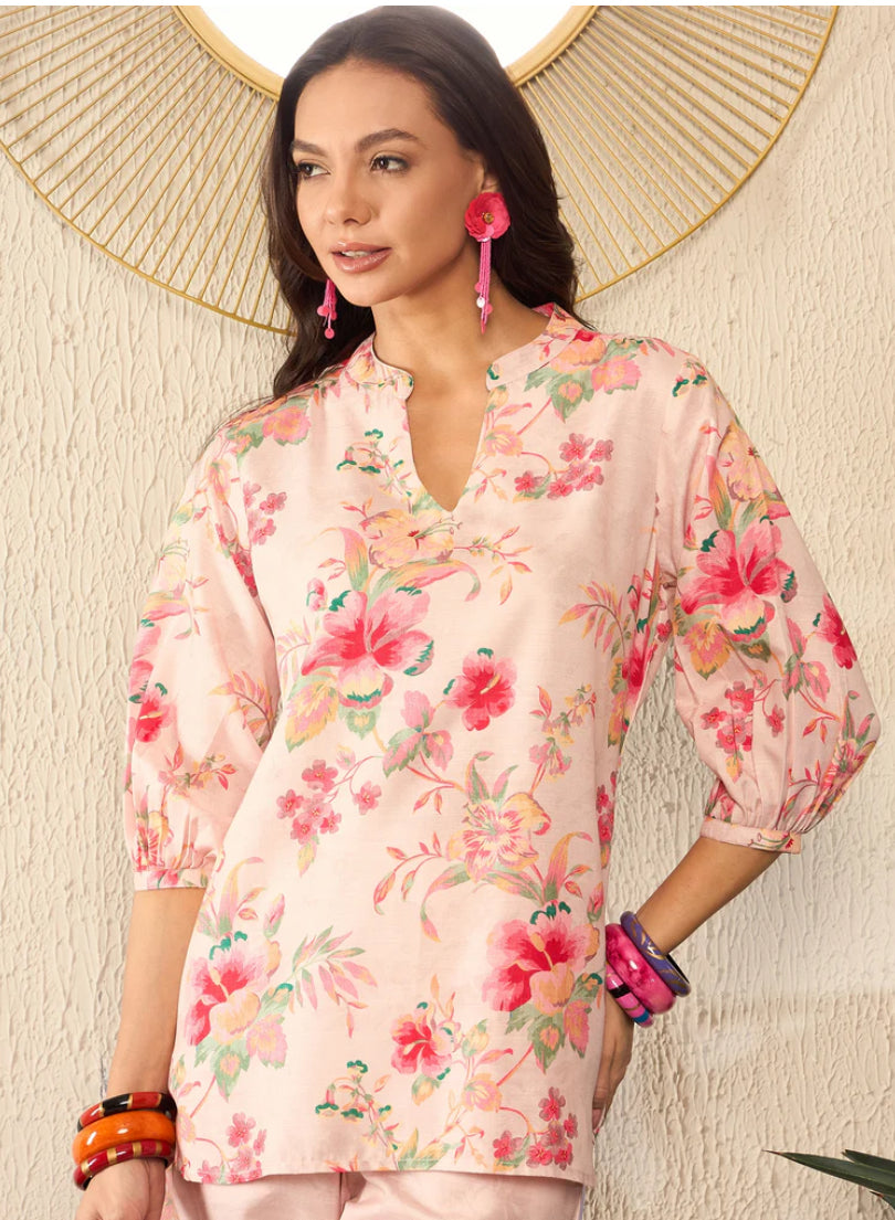 Cream Rayon Blend Floral Printed Coord Set