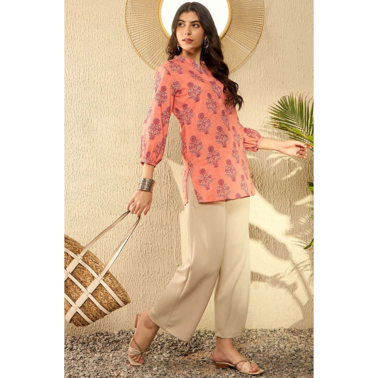 Orange Cotton Blend Floral Printed Regular Tunic