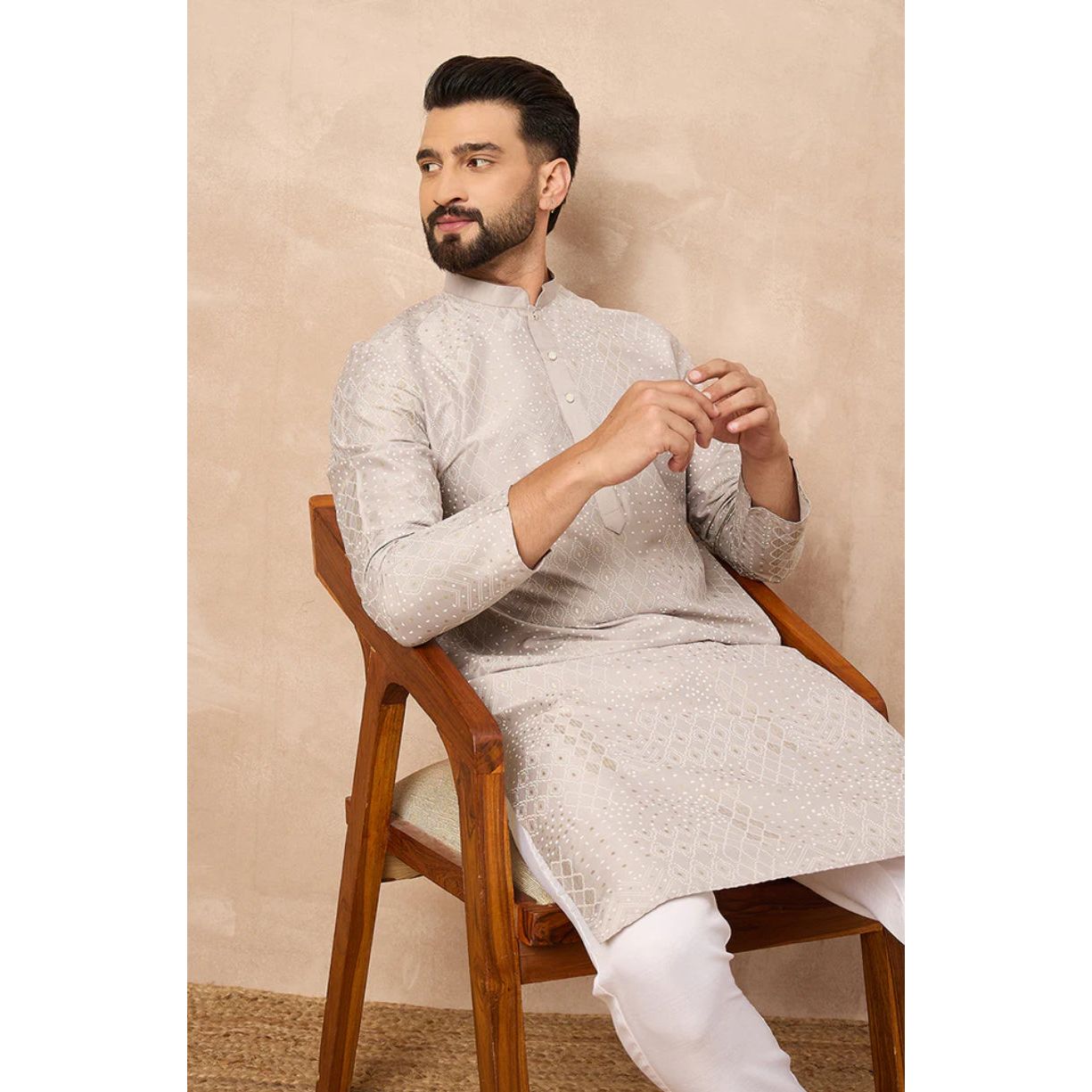 Grey Silk Geometric Printed Straight Kurta