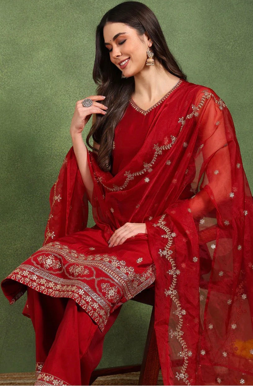 Maroon Silk Blend Embroidered Palazzo Kurta Set