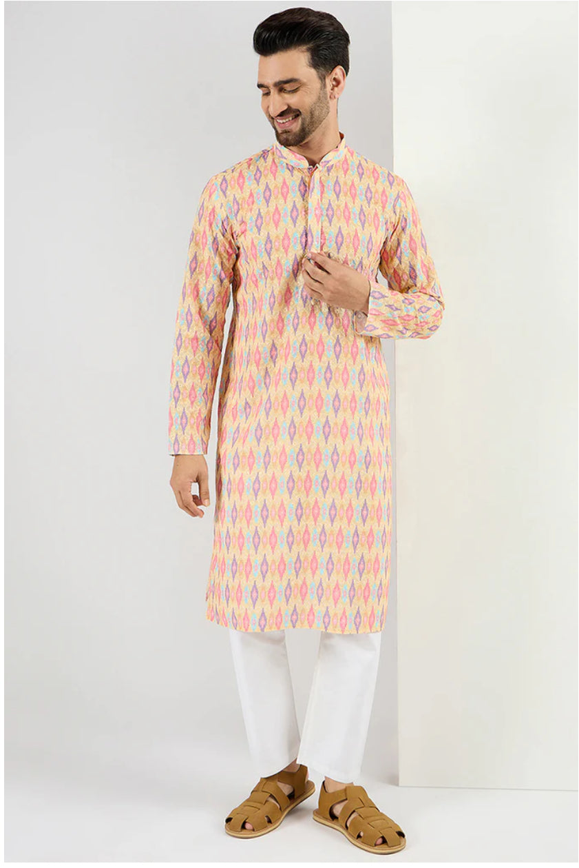 Yellow Abstract Embroidered Chikankari Straight Kurta for Men