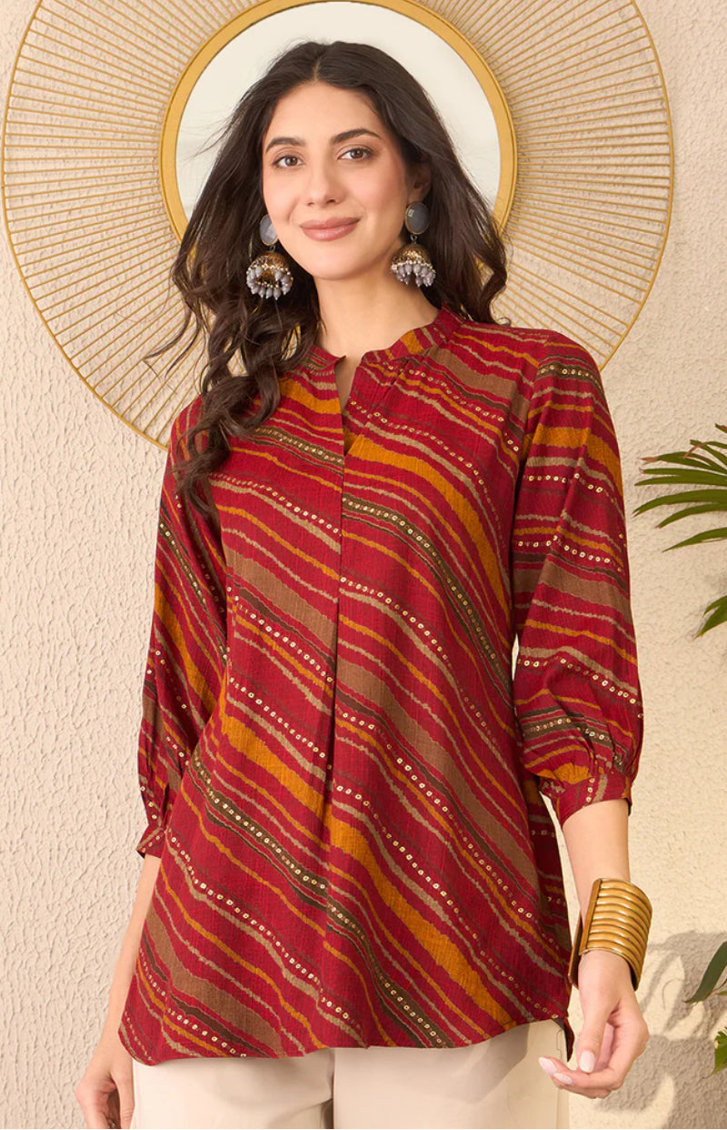 Red Cotton Blend Leheriya Printed Tunic Top