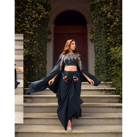 Midnight Muse Embroidered Indo-Western Shrug & Draped Bottom Set