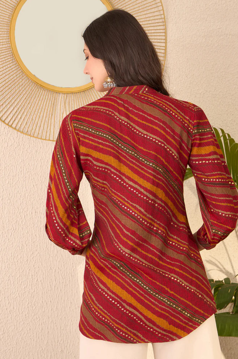 Red Cotton Blend Leheriya Printed Tunic Top