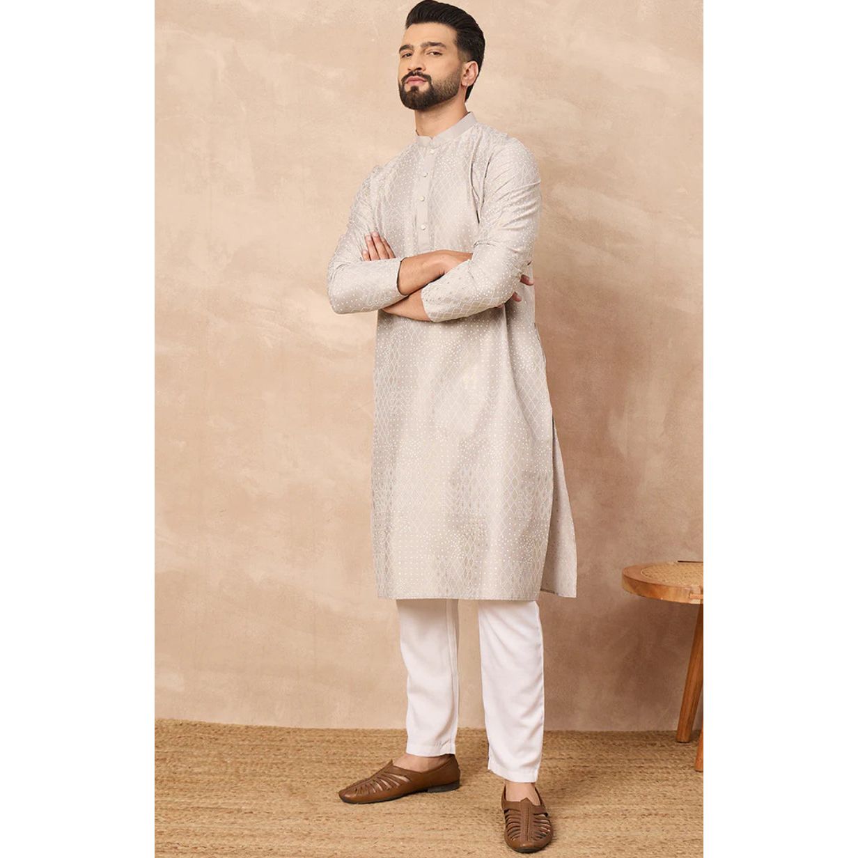 Grey Silk Geometric Printed Straight Kurta