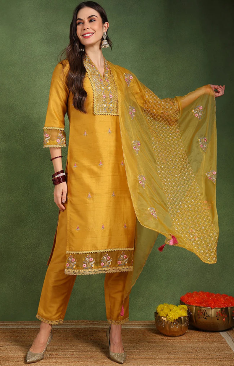 Yellow Silk Blend Floral Embroidered Straight Suit Set