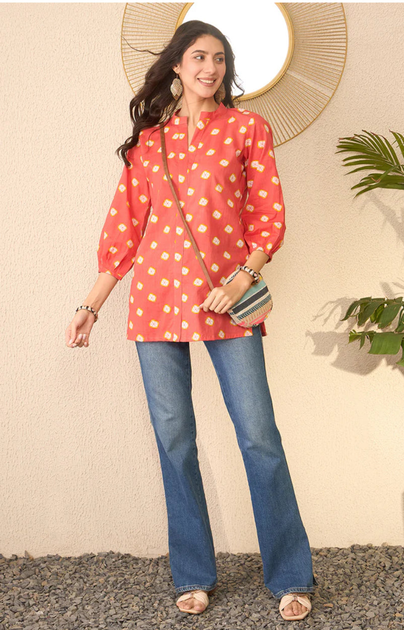 Orange Cotton Blend Shibori Printed Regular Top