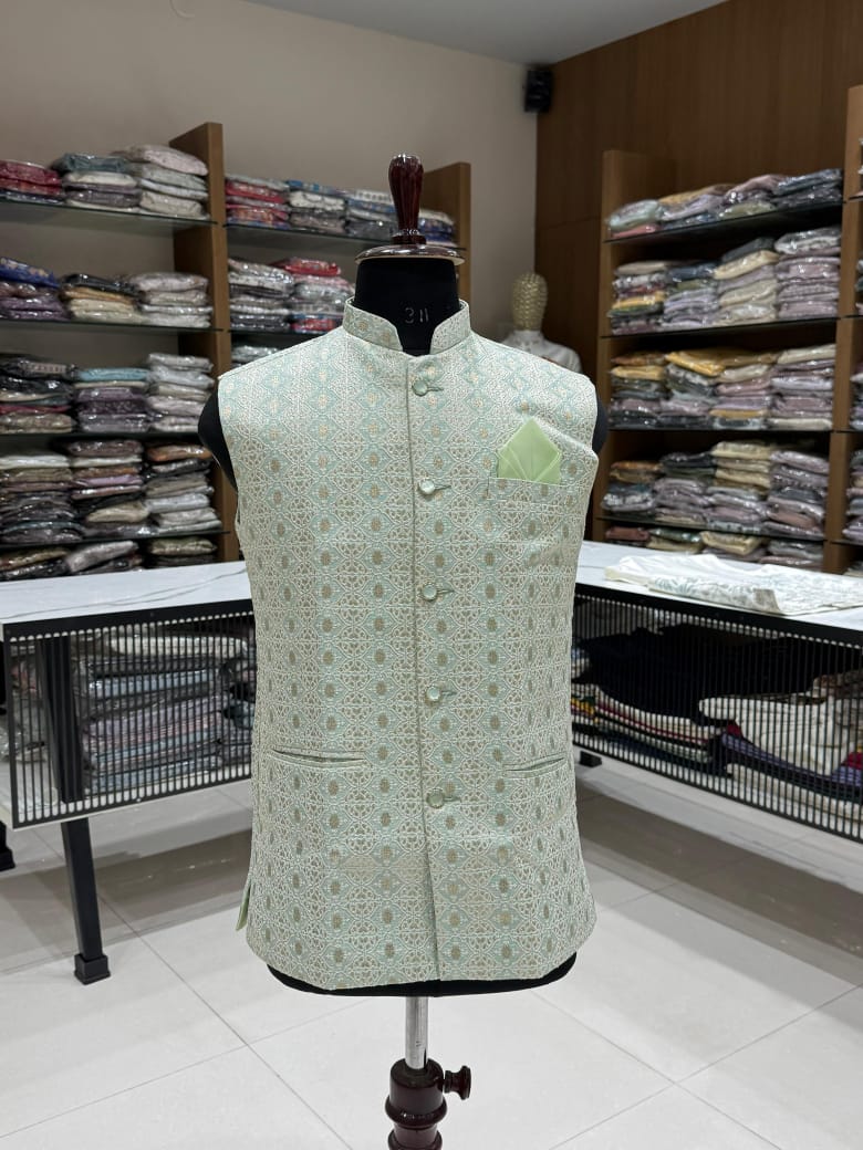 Men's Mint Green Jacquard Nehru Jacket| Festive & Wedding Wear