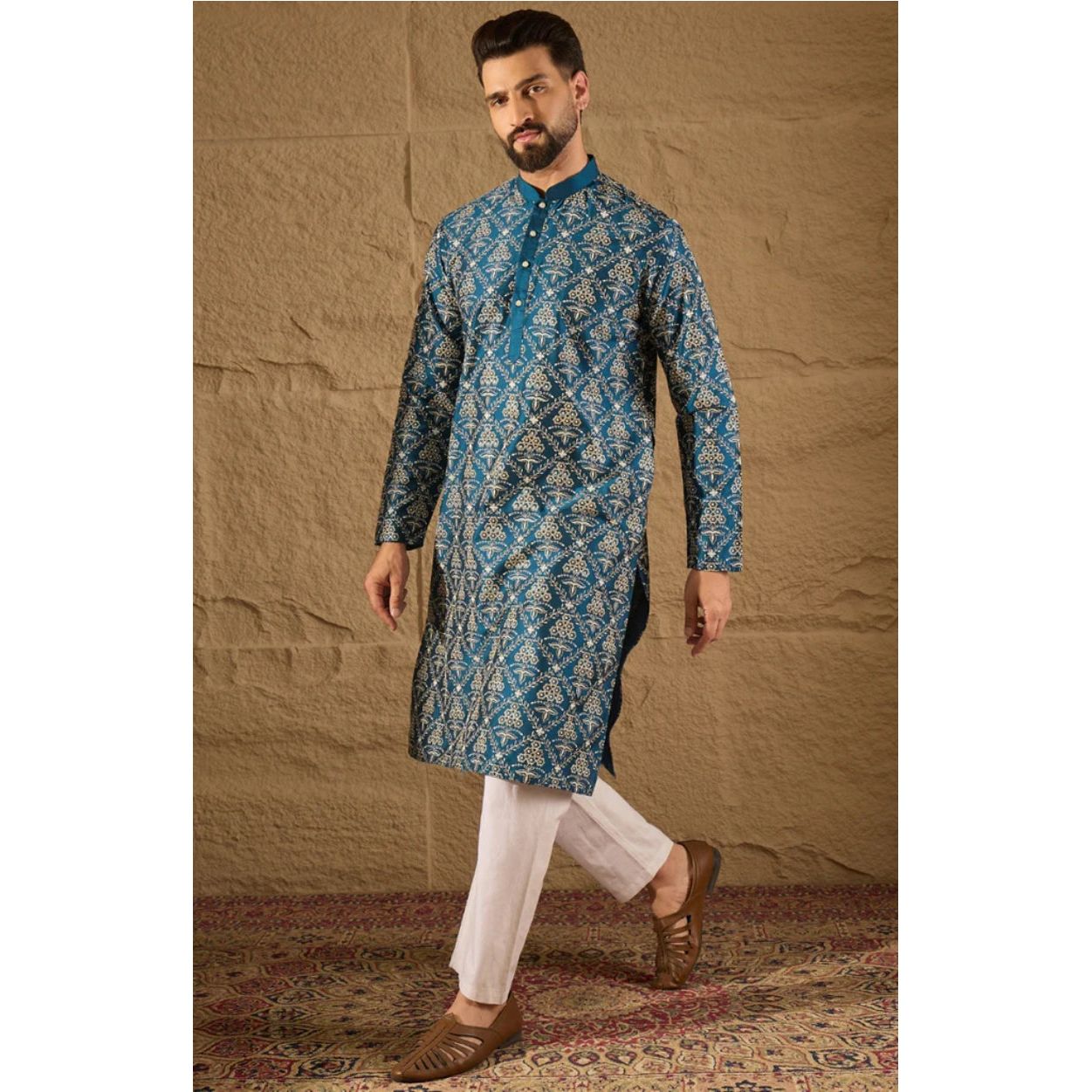 Blue Silk Floral Printed Straight Kurta