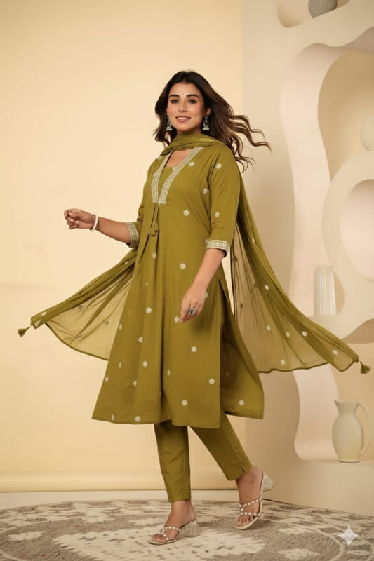 Embroidered Neck A-Line Kurta Set with Dupatta