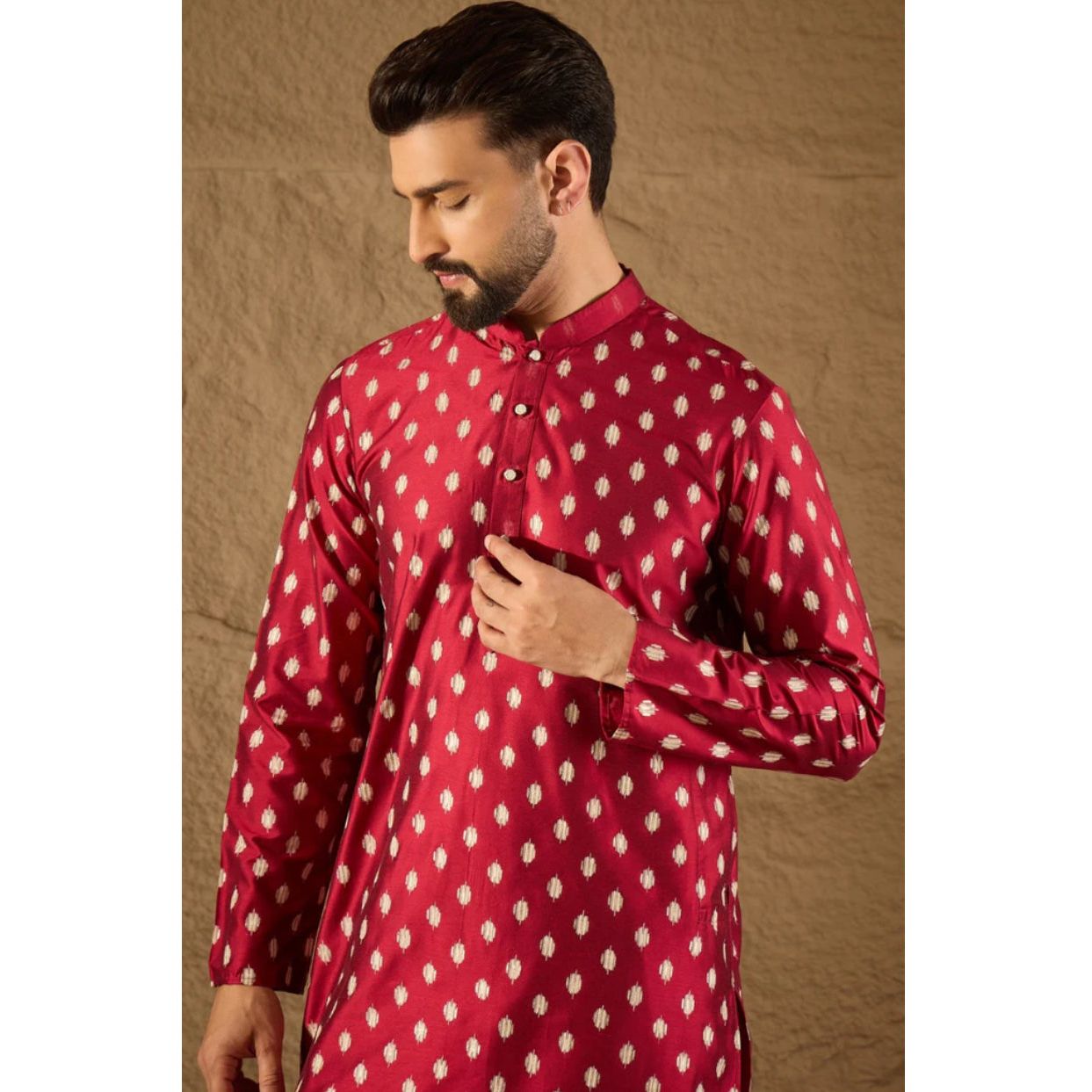 Maroon Silk Ikat Printed Straight Kurta