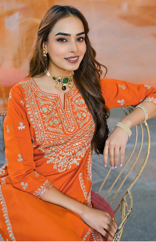 Orange Silk Blend Embroidered Kurta Set