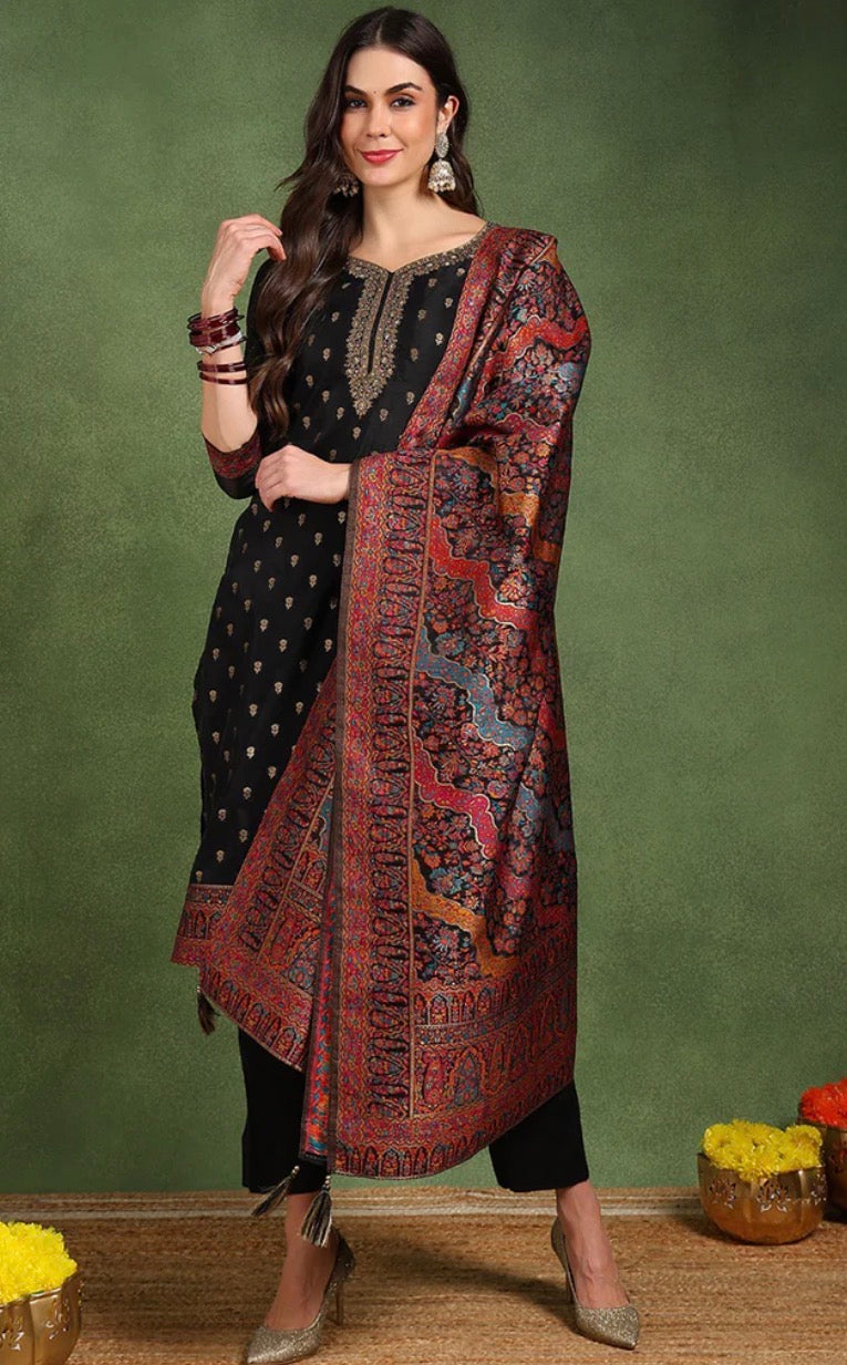 Black Silk Blend Solid Woven Design Straight Trouser Suit Set