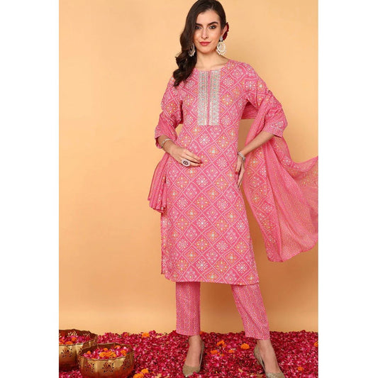 Pink Poly Cotton Bandhani Printed Straight Suit Set