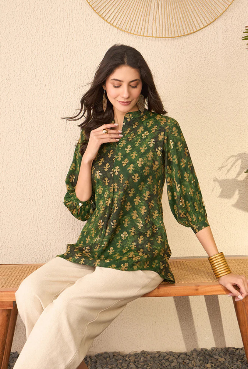 Green Cotton Blend Ethnic Motifs Printed Regular Top