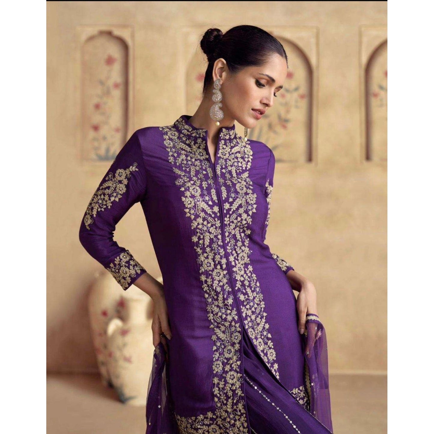 Festive Purple Chinon Silk Palazzo Set with Dupatta