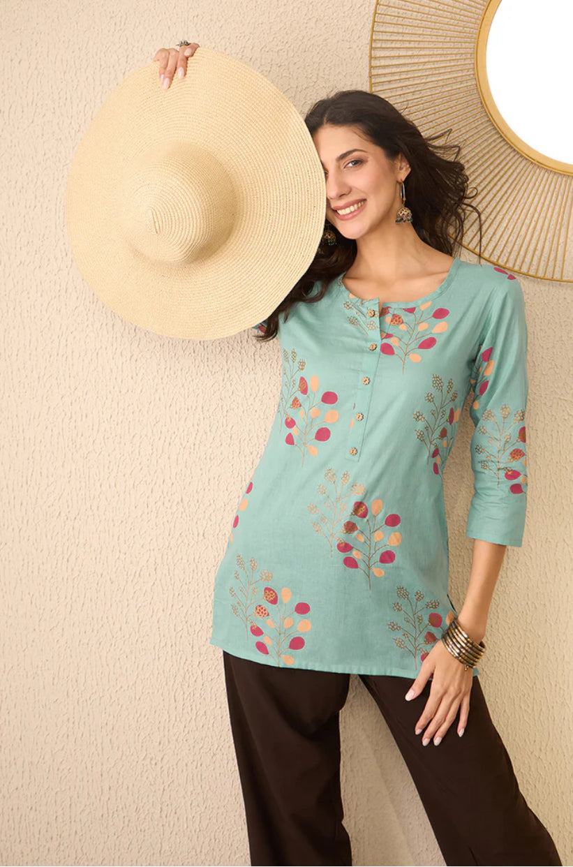 Blue Cotton Blend Floral Printed Top