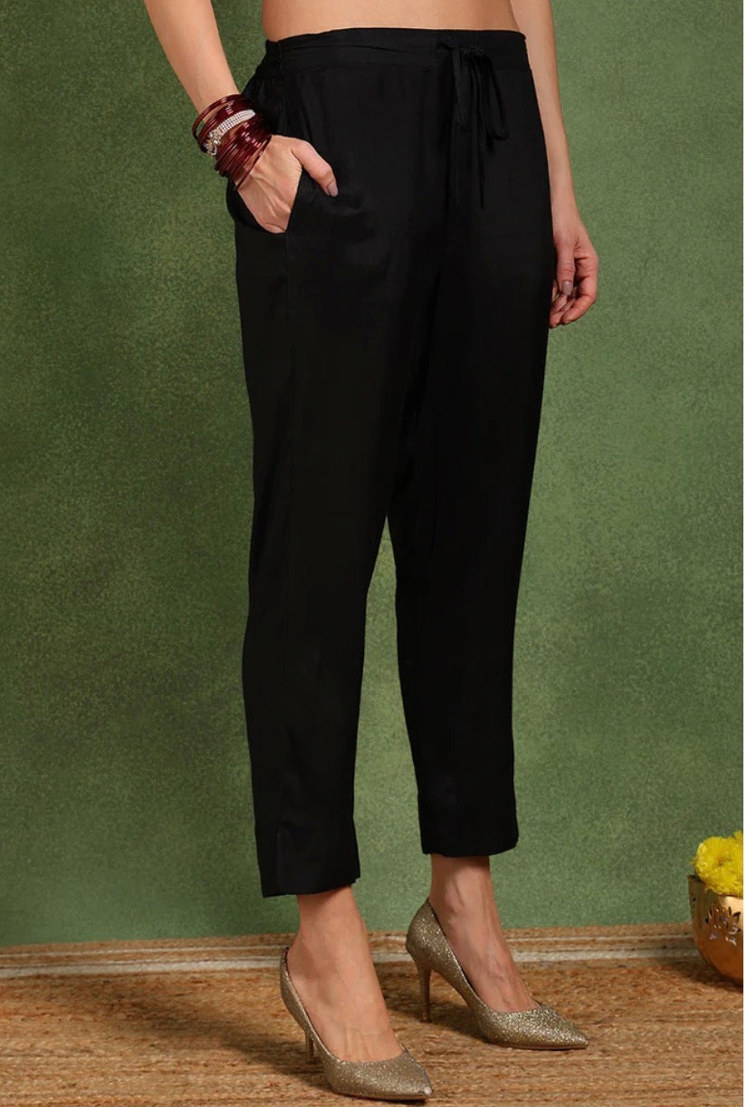 Black Silk Blend Solid Woven Design Straight Trouser Suit Set