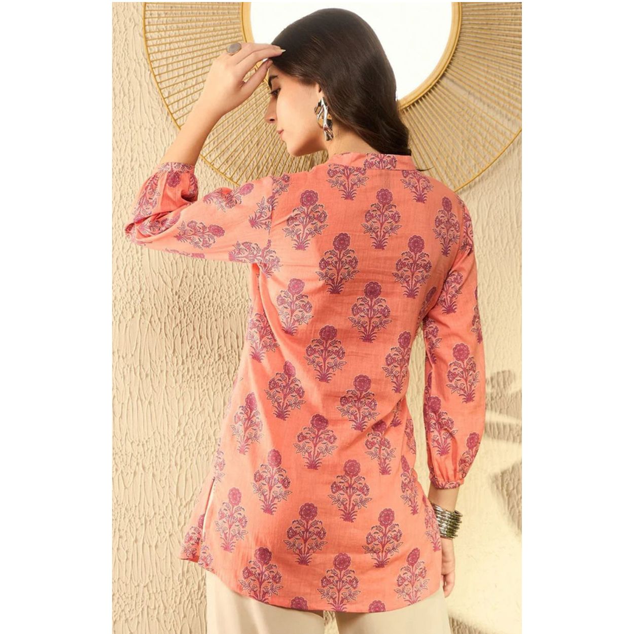 Orange Cotton Blend Floral Printed Regular Tunic