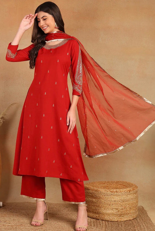 Red Silk Blend Solid Embroidered A-Line Trouser Bottom Suit Set