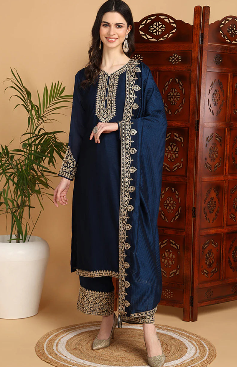 Navy Blue Silk Blend Solid Embroidered Straight Suit Set