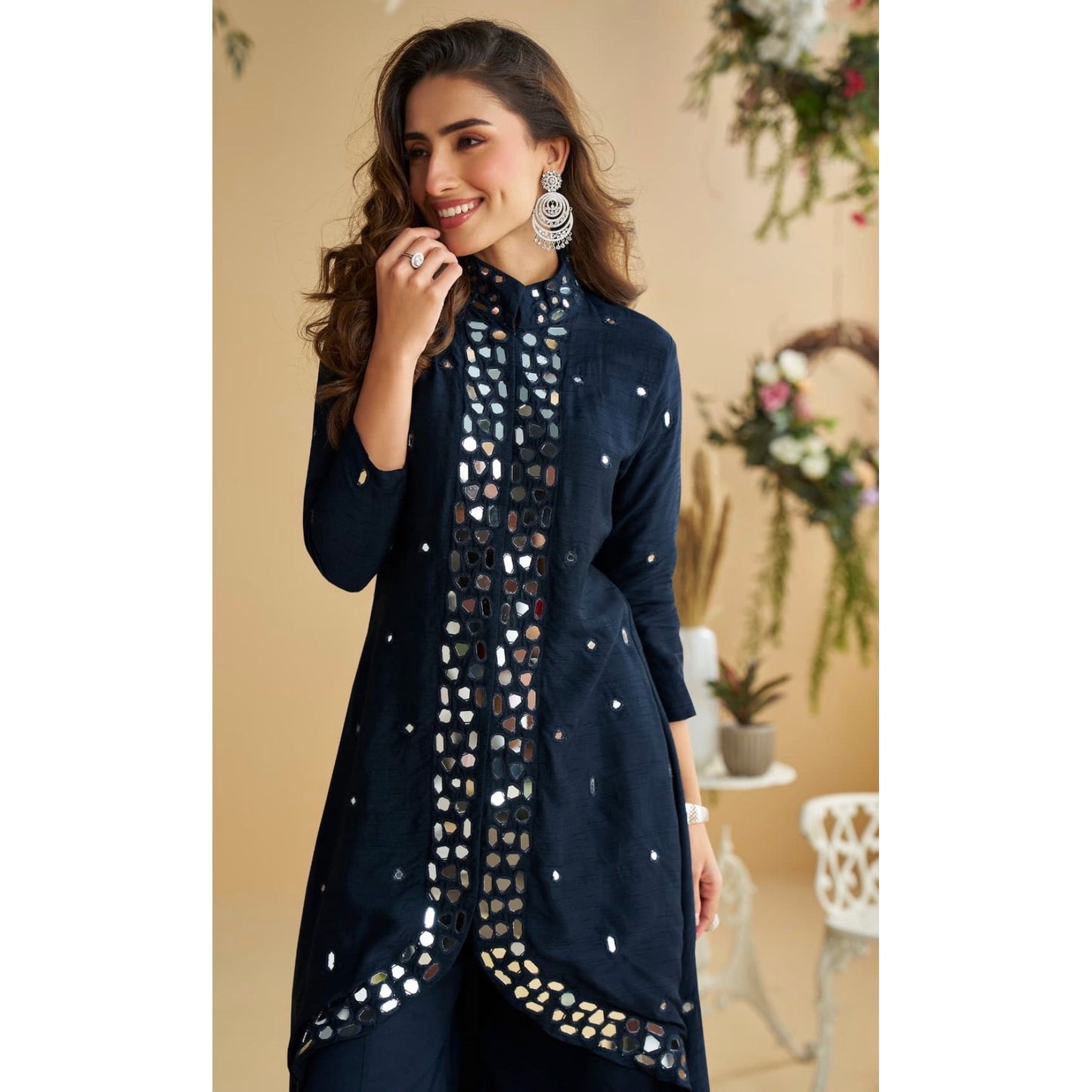 Premium Micro Cotton Silk Kurta Set with Embellished Mirror Work: Navy Blue