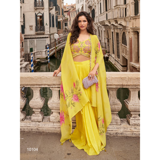 Premium Indo-Western Chinon Silk Palazzo Set with Embroidered Blouse & Shrug Dupatta