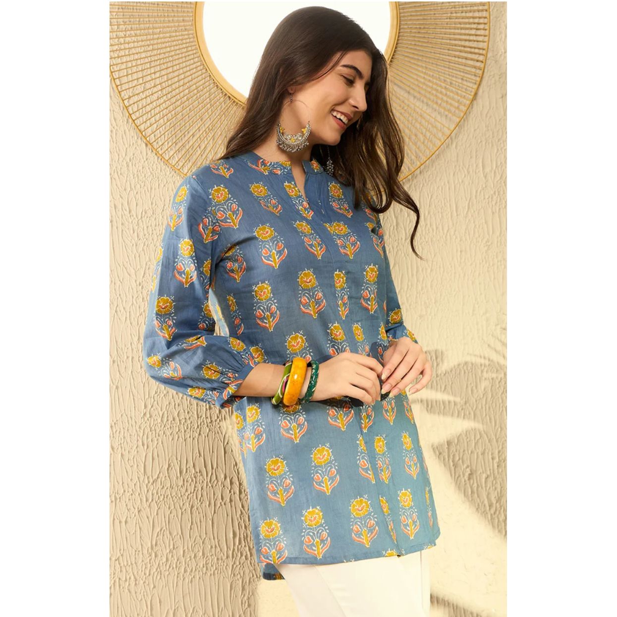 Blue Cotton Blend Floral Printed Regular Tunic