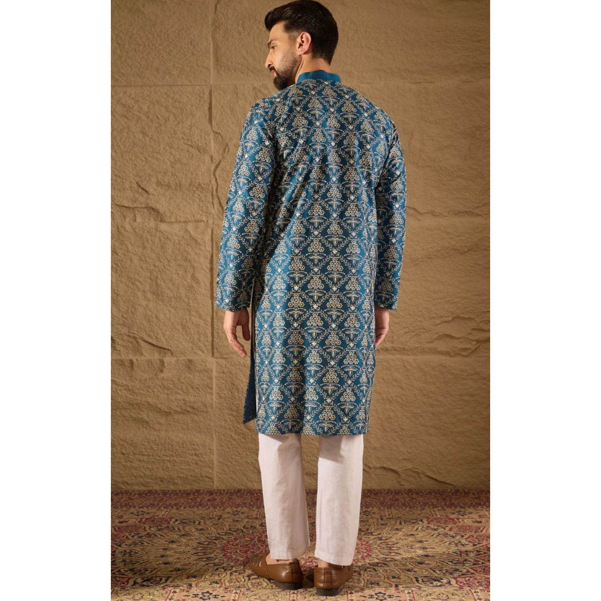 Blue Silk Floral Printed Straight Kurta