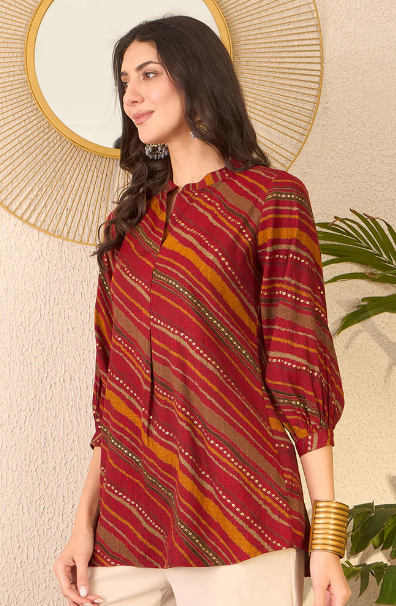 Red Cotton Blend Leheriya Printed Tunic Top