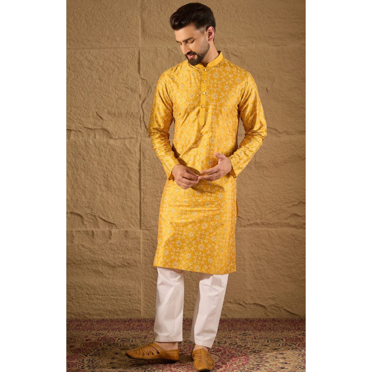 Yellow Silk Floral Printed Straight Kurta