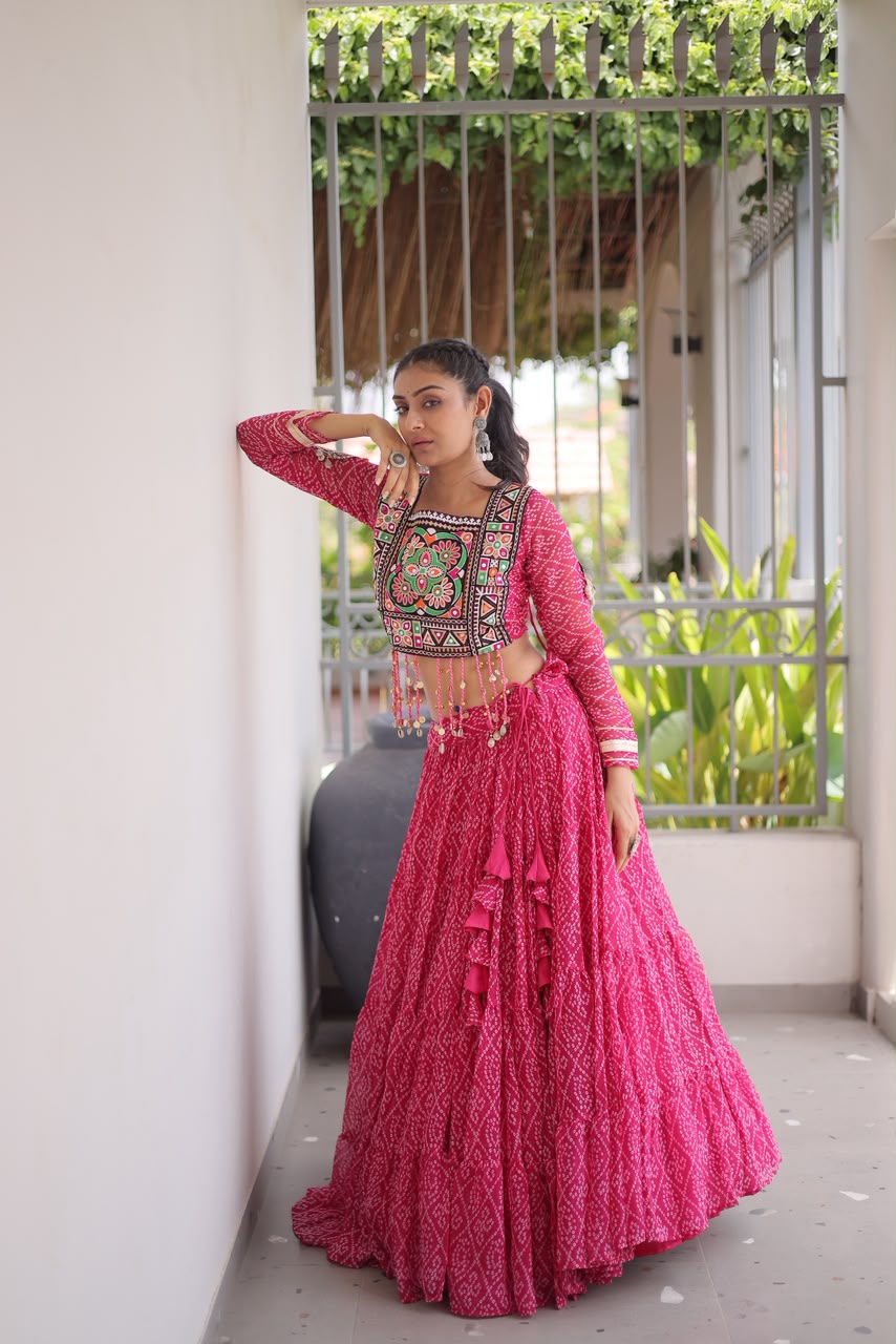 Garba Glow – Bandhani Print Lehenga Choli with Kutchi Patchwork