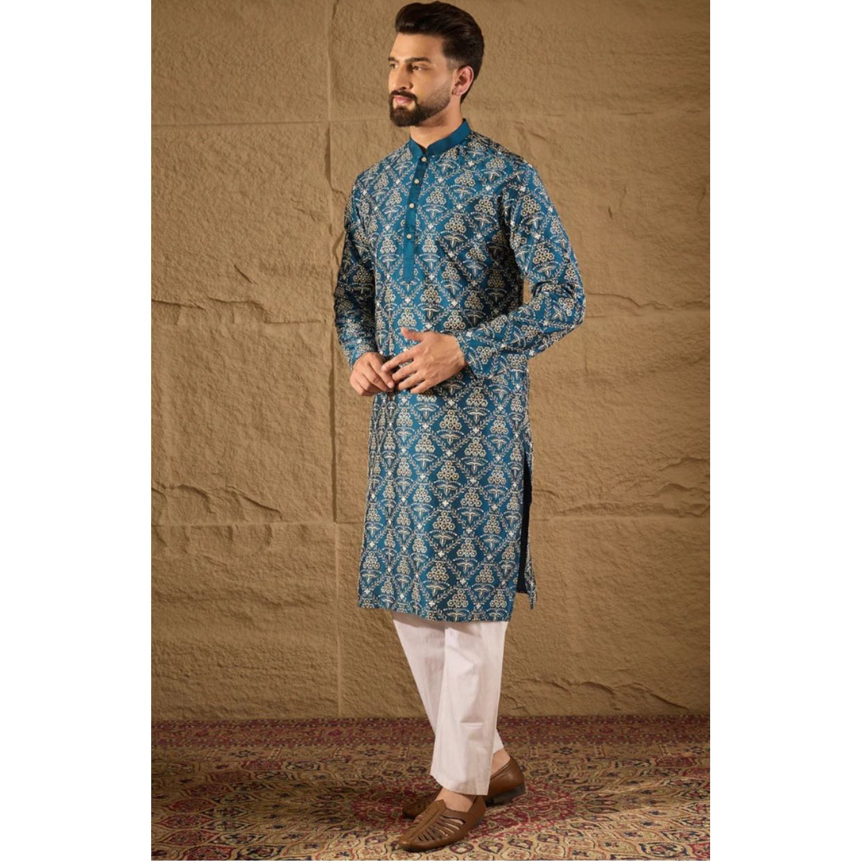 Blue Silk Floral Printed Straight Kurta