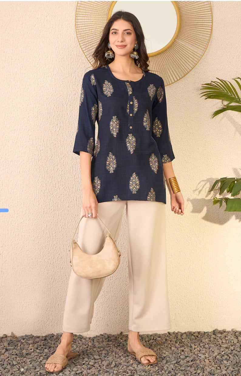 Navy Blue Cotton Blend Floral Printed Regular Top