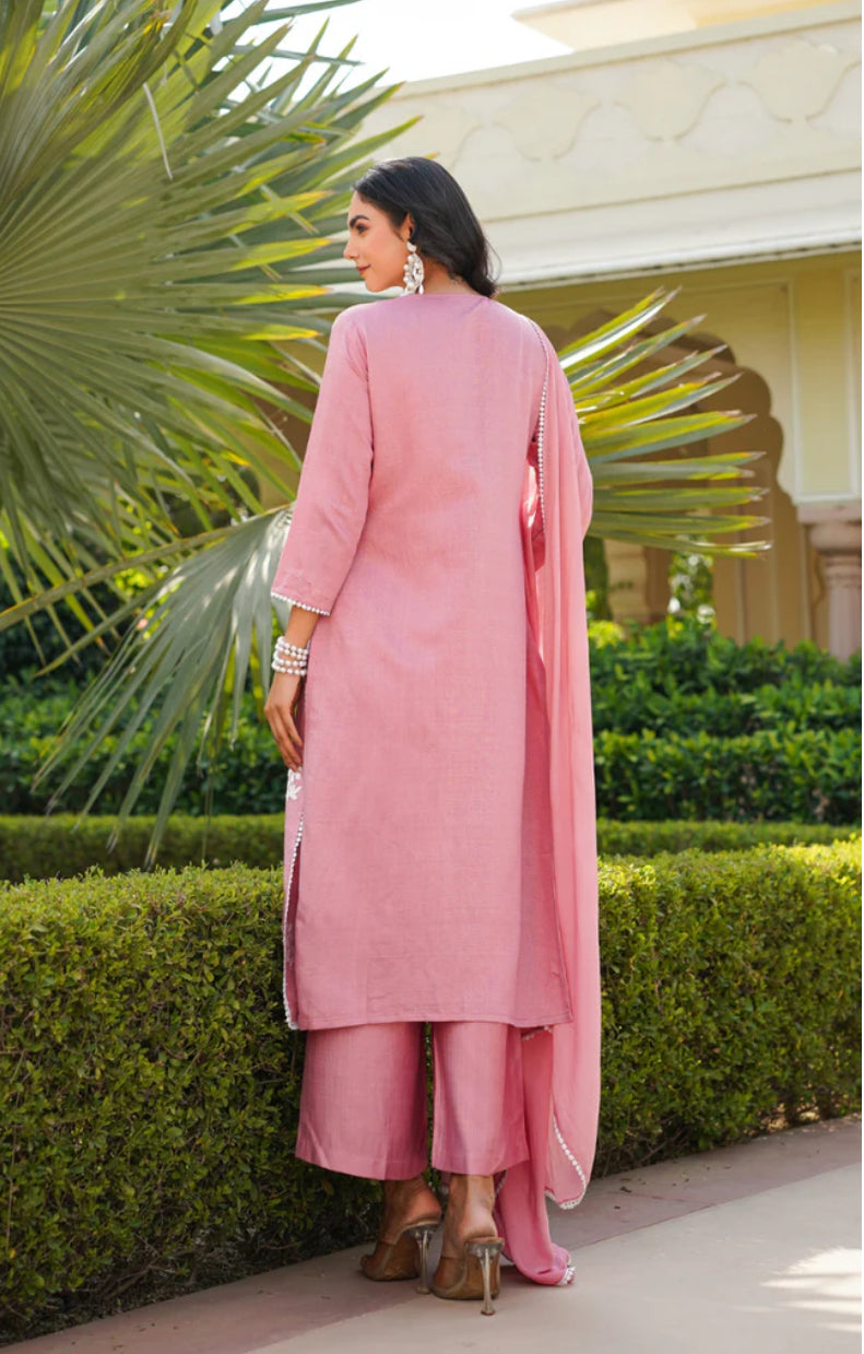 Pink Viscose Solid Embroidered Straight Kurta Palazzo With Dupatta
