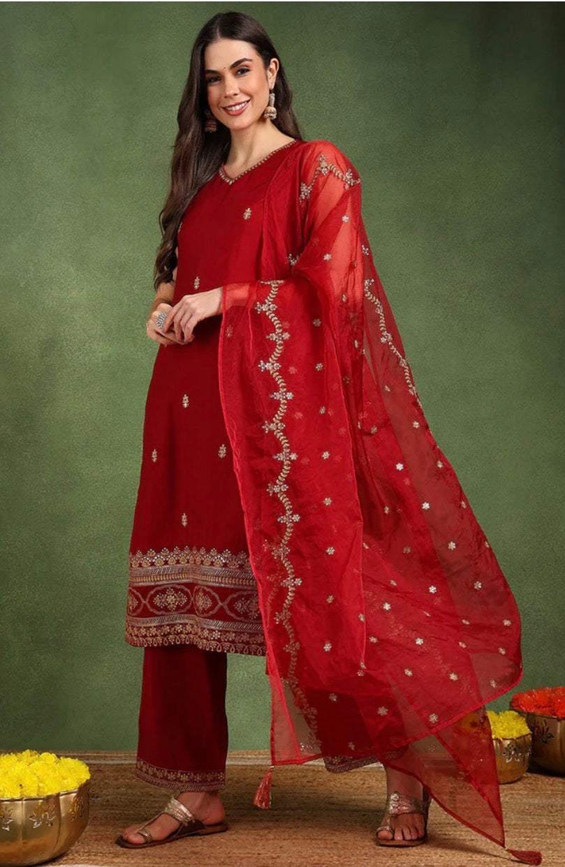 Maroon Silk Blend Embroidered Palazzo Kurta Set
